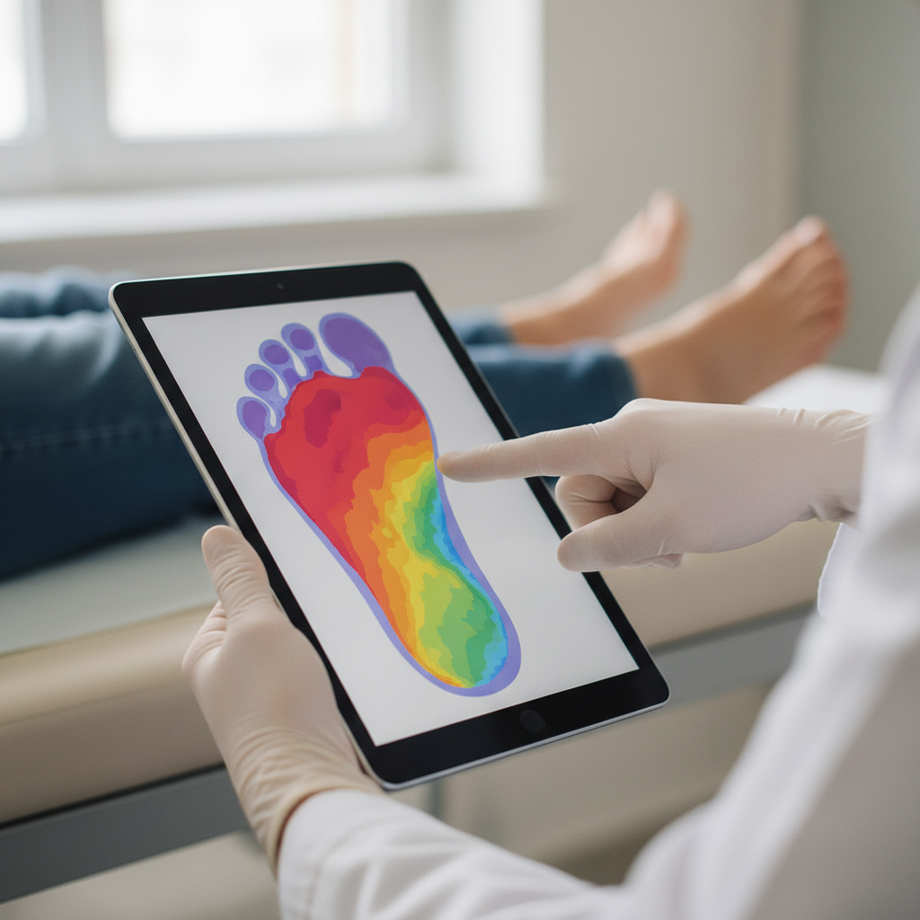 Podoloğun bir tablet ekranında renkli ayak basınç haritasını göstererek yürüyüş analizi sonuçlarını açıkladığı bir sahne.