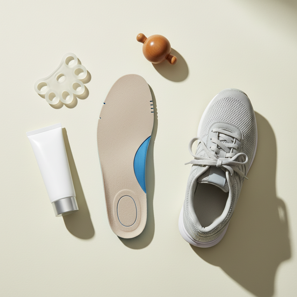 Kişiye özel ayak bakım planını temsil eden ortopedik tabanlık, rahat bir spor ayakkabı ve bakım ürünleri.