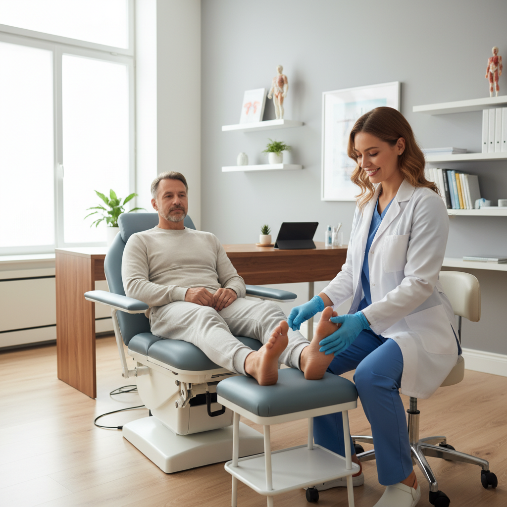 Pedora Ayak Bakım Merkezi'nde uzman bir podoloğun topuk çatlağı muayenesi yapması