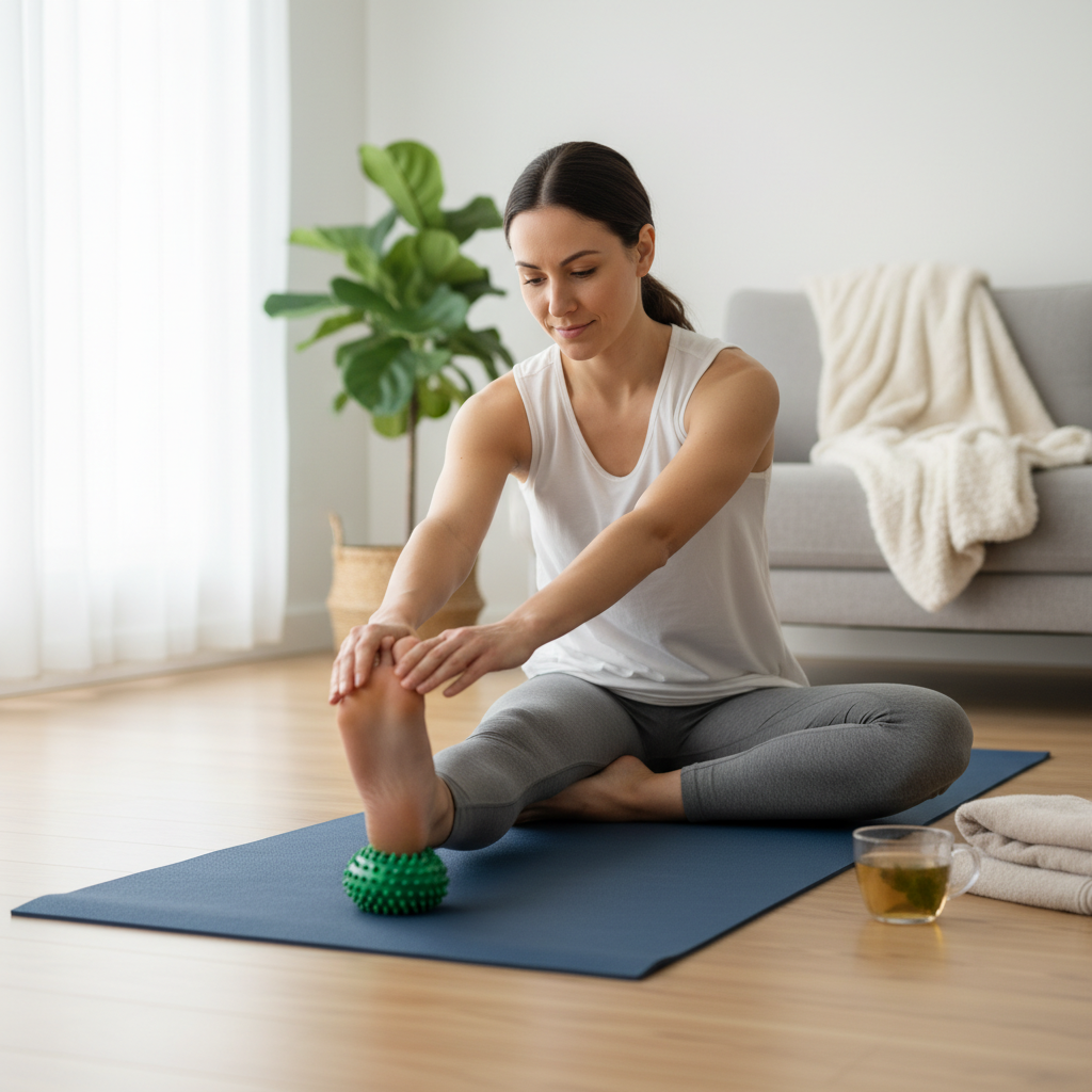 Evde ayak esnetme ve rahatlatma egzersizleri yapan bir kişi.