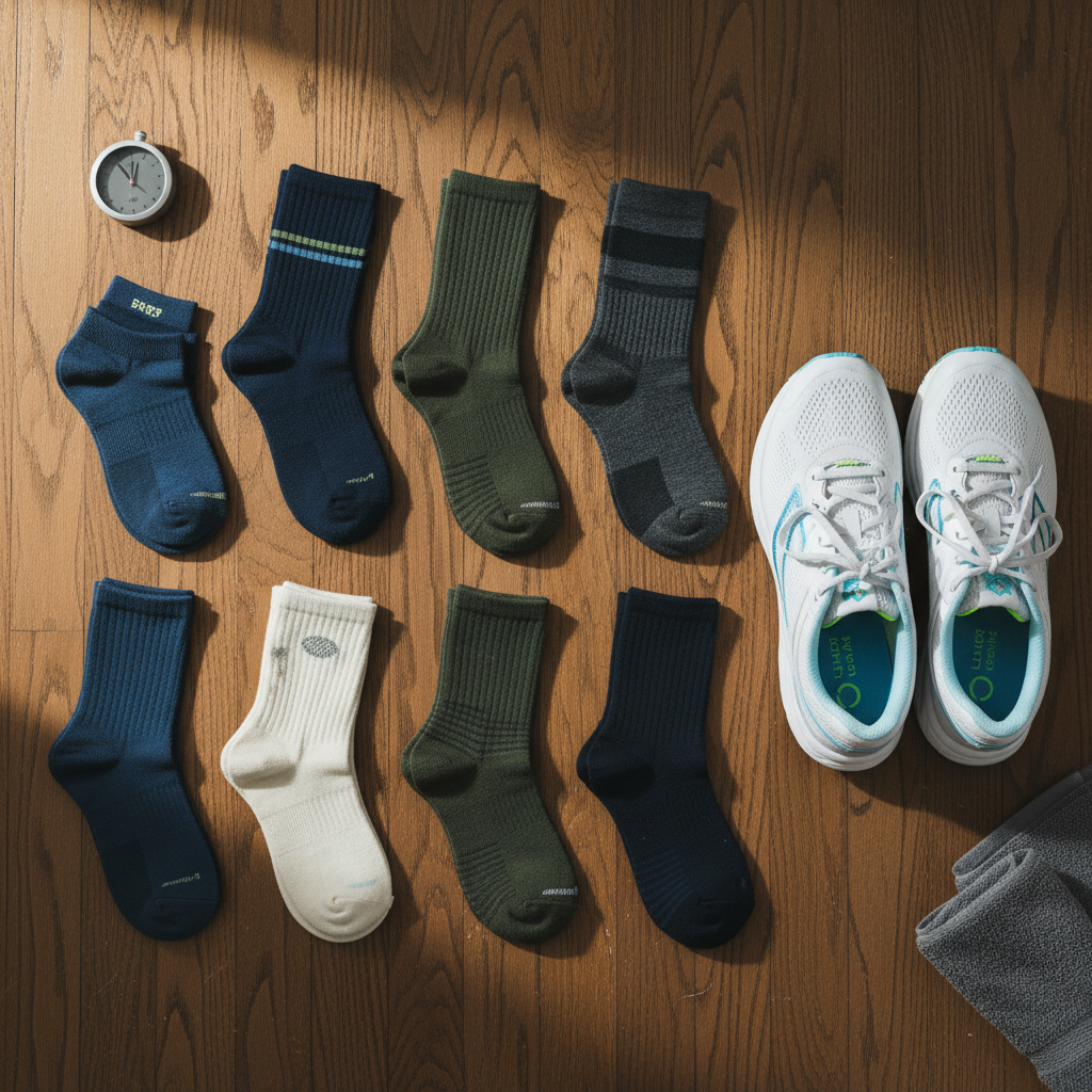 Sporcular için teri uzaklaştıran farklı türde sentetik ve yün çoraplar.